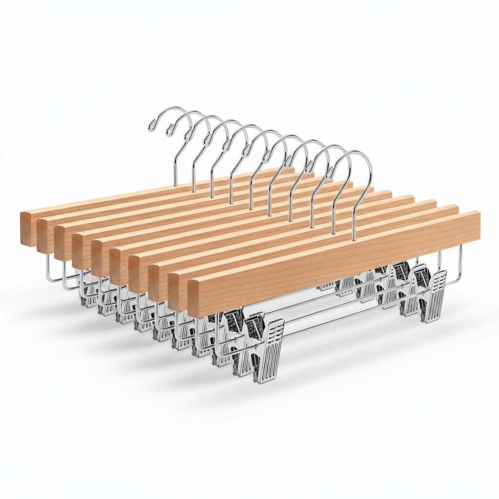 24 Pack Natural Wooden Pants Hangers with Clips, Wood Skirt Hangers Trouser Hangers for Jeans, Slacks, Shorts with 2-Adjustable Clips