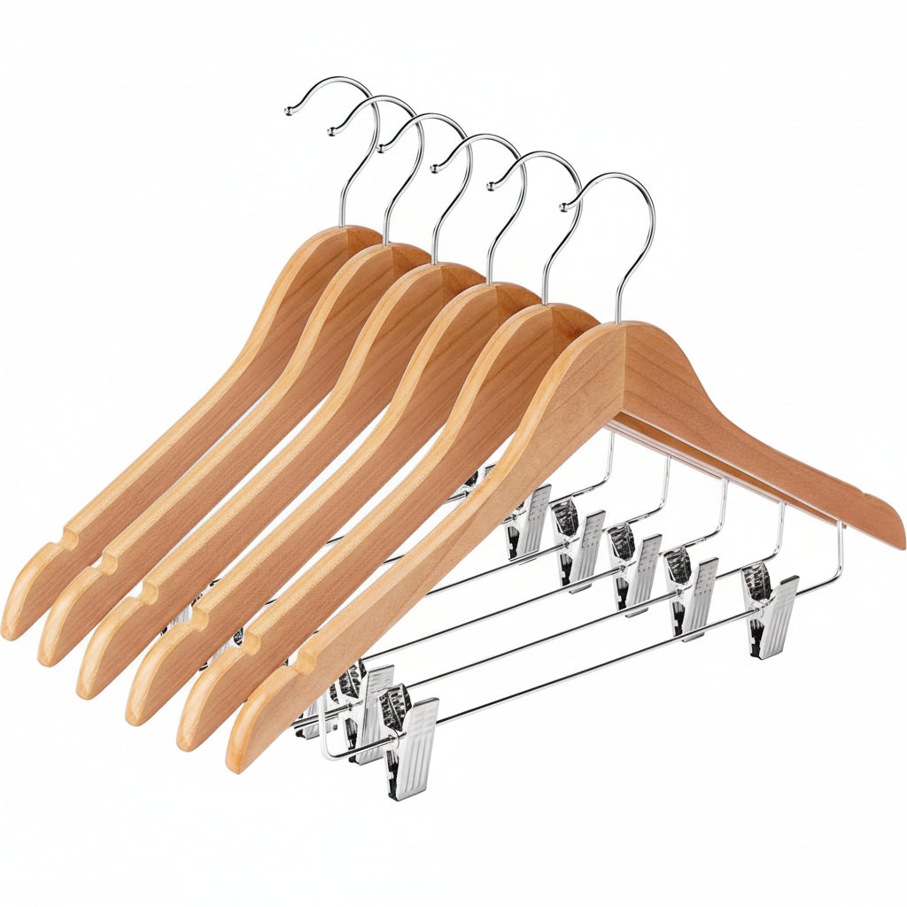 Wooden Hangers with Adjustable Heavy Duty Clips - 12 Pack Pants, Skirt, Jeans, Slacks, Shorts Hangers (Natural)