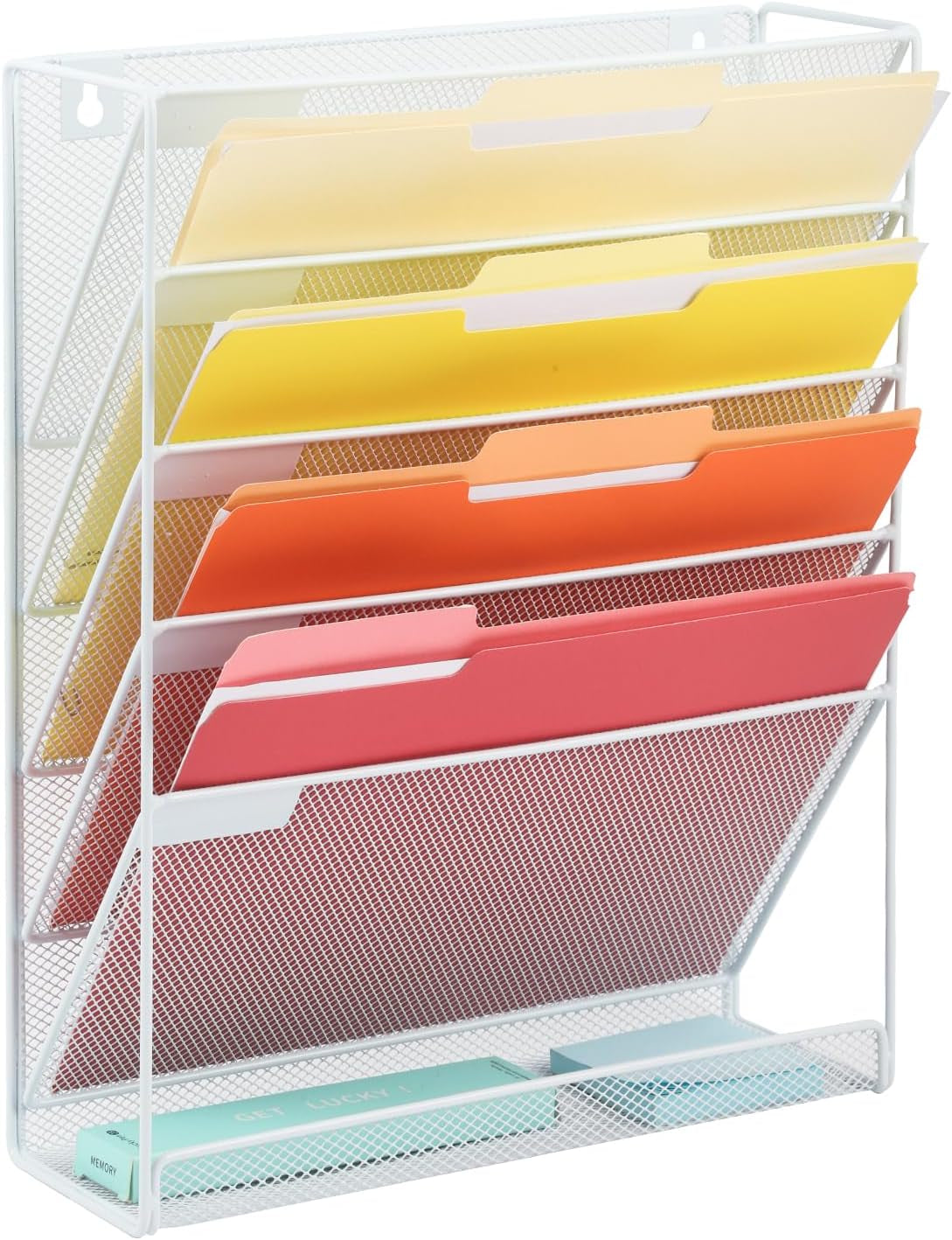Desk File Organizer Mesh 6-Tier, Hanging Wall Mount Document Organization Stand, Desktop Vertical Mail Paper Folder Holder Rack with Bottom Tray for Office Home Cubicle Countertop, White
