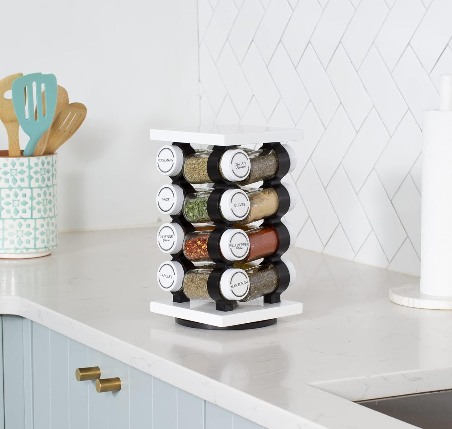 Spice Rack 16 Jar Set White Filled with Spices - Rotating Standing Rack Shelf Holder & Countertop Spice Rack Tower Organizer for Kitchen Spices