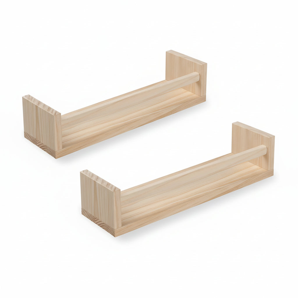 Nursery Book Shelves, Set of 2 Wood Floating Book Shelves for Kids Room, Kitchen Spice Rack, or Rustic Wall Mounted Shelves for Farmhouse Bathroom Décor (Natural Wood)
