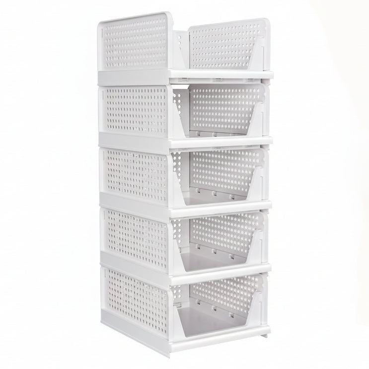 5 Pack Closet Organizers Storage Box, Closet Storage Stackable Storage Bins, Plastic Drawer Basket for Wardrobe Cupboard Kitchen Bathroom Office, White