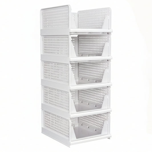 5 Pack Closet Organizers Storage Box, Closet Storage Stackable Storage Bins, Plastic Drawer Basket for Wardrobe Cupboard Kitchen Bathroom Office, White