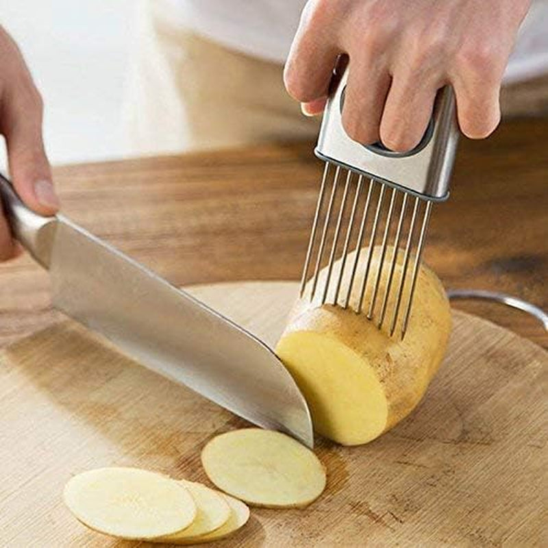 Stainless Steel Onion Cut Holder Slicer with 10 Even Prong Easy Hold Vegetable to Cut Tomato Lemon Potatoes and Loosen Meat Kitchen Tools(Silver)