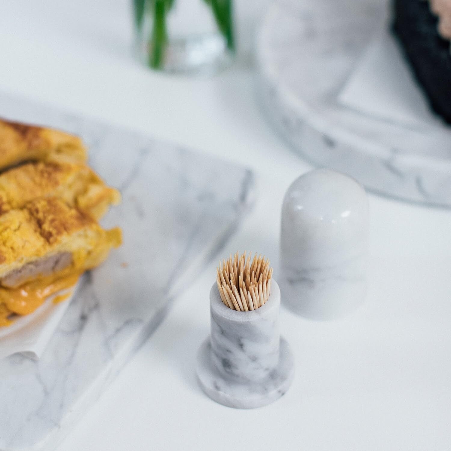 Marble Toothpick Holder with Lid, Toothpick Dispenser Jar Box, Marble Salt and Pepper Shakers, Toothpicks Container Case Cute Toothpick Organizer for Home, Kitchen, Restaurant