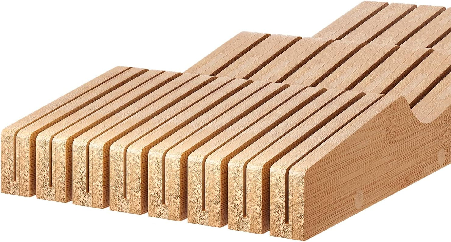 In-Drawer Knife Block Organizer - Bamboo Wood Drawer Knife Organizer-Protecting Knife Organizer Block (Not Included) (Natural, 15 Knives Dock)