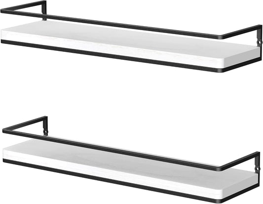 Floating Shelves Wall Mounted Set of 2, Rustic Wood Wall Storage Shelves for Bedroom,Living Room,Bathroom, Kitchen (White)