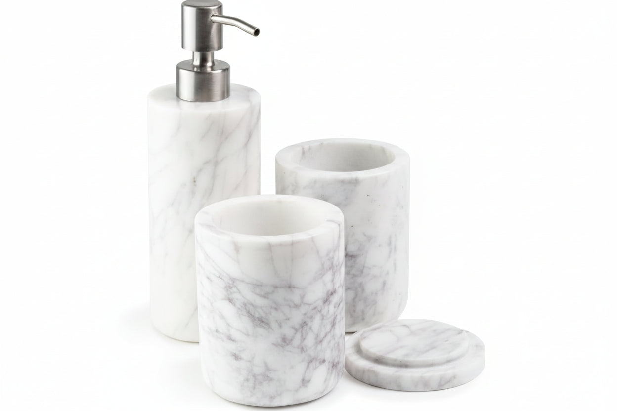 Marble Bathroom Accessories Set, Complete 3 Piece Set with Soap Dispenser, Toothbrush Holder & Canister with Lid for Qtips, White Marble Bath Countertop Vanity Decor Organizer