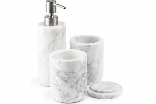 Marble Bathroom Accessories Set, Complete 3 Piece Set with Soap Dispenser, Toothbrush Holder & Canister with Lid for Qtips, White Marble Bath Countertop Vanity Decor Organizer