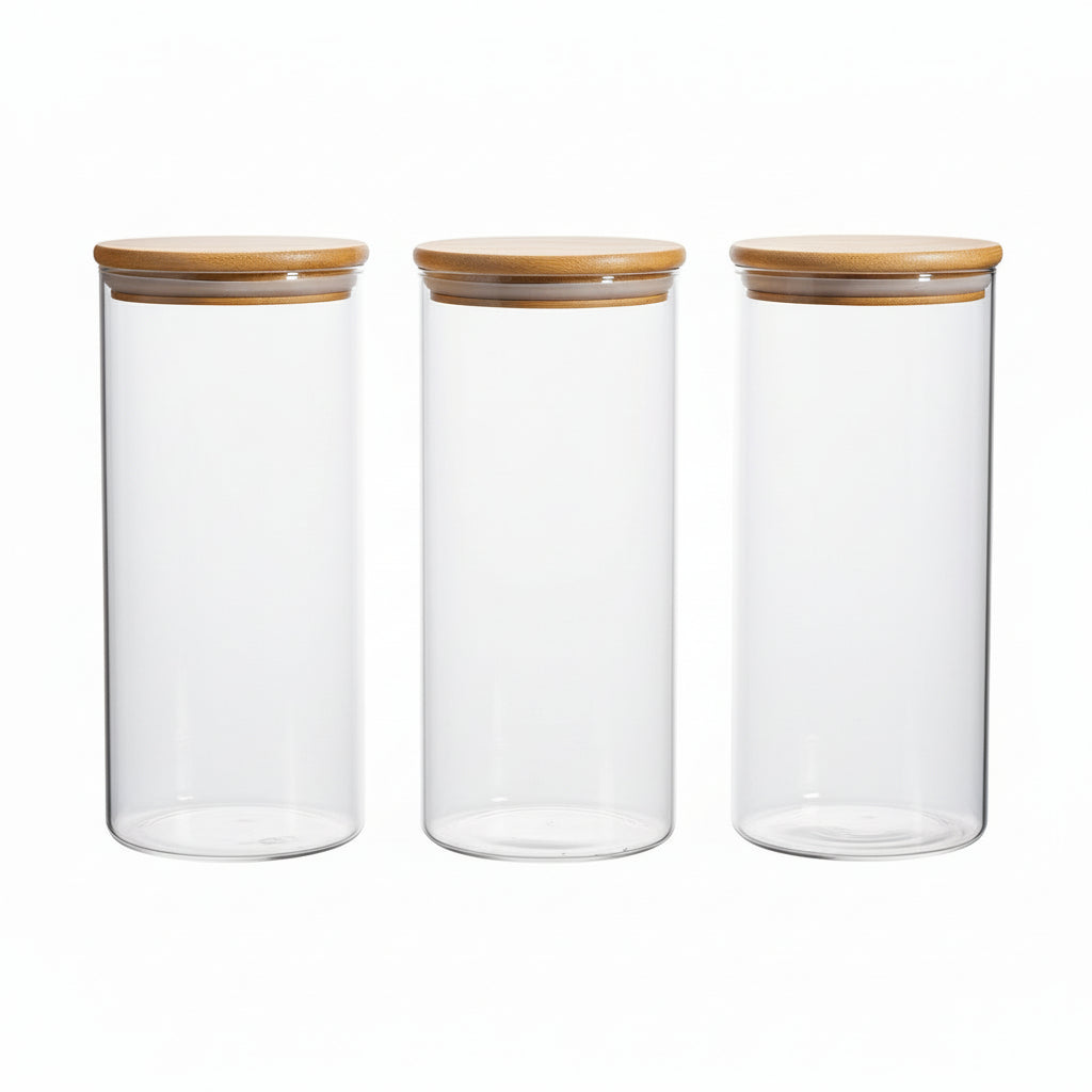 Glass Spaghetti Pasta Storage Container with Lids 2 Qt Set of 3, Tall Clear Airtight Food Storage Jar with Wood Cover Kitchen Pantry Storage Container for Noodles Flour Cereal Coffee Beans