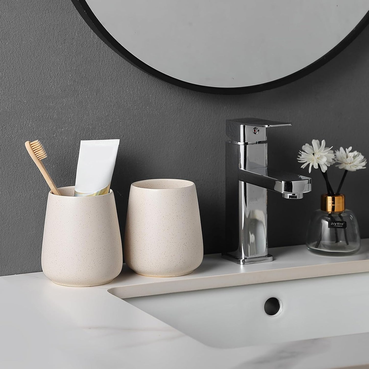 Beige Toothbrush Holder for Bathroom - Ceramic Tooth Brushing Holders, Toothbrush Cup, Toothpaste Organizer for Bathroom Countertop, Makeup Brush Holder, Pen Holder for Home Desktop Storage