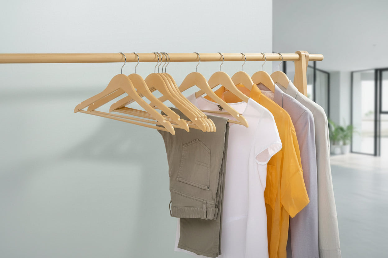 20 Pack Wooden Coat Hangers, Natural Wood Suit Hangers with Non Slip Pant Bar, Clothes Hangers for Shirts, Jackets, Dress, Pant (Natural, 20)