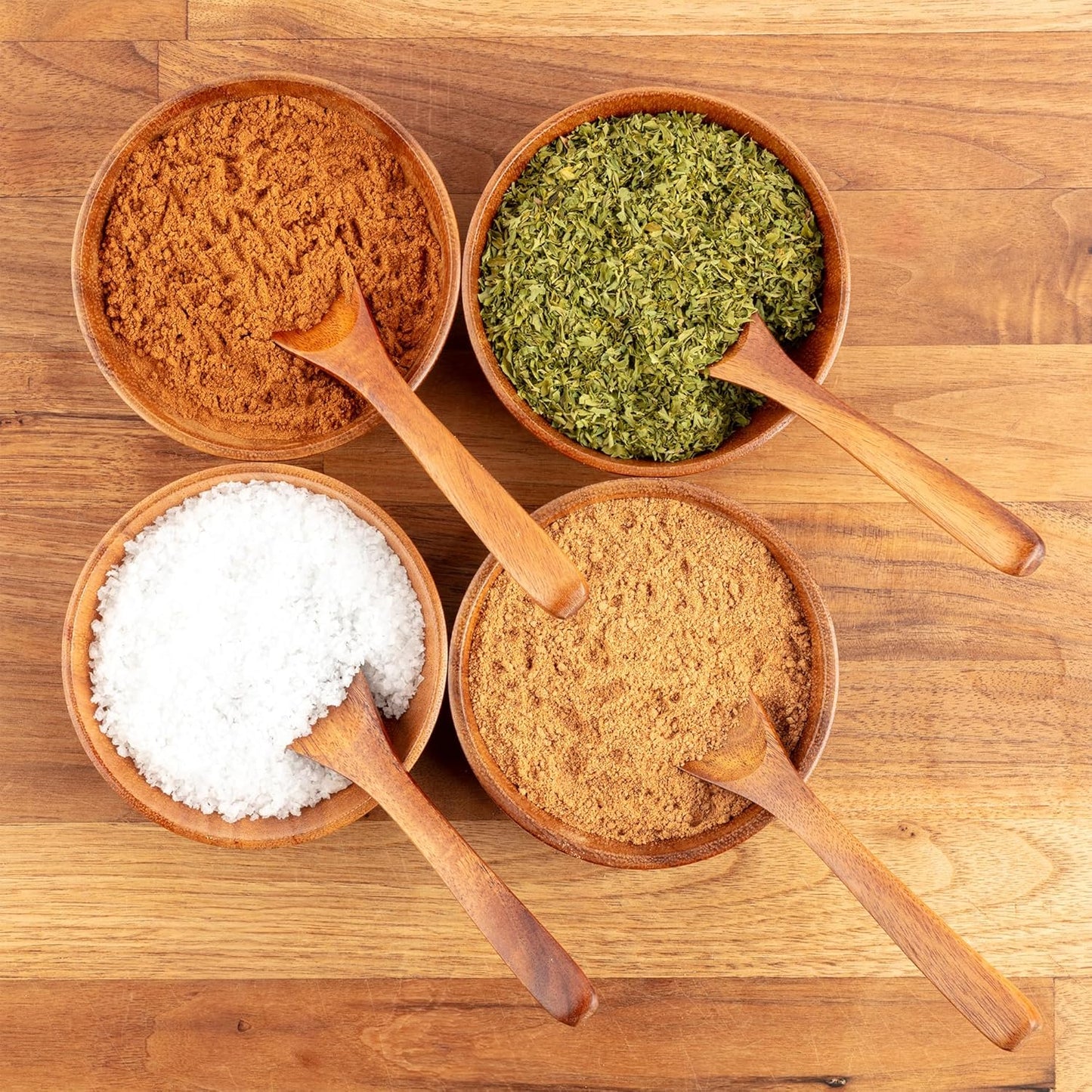 Teak Wood Dipping Bowls with Spoons Set – 8 Piece Wooden Serving Set with 4 Mini Bowls and 4 Small Spoons, Handcrafted Natural Teak Wood, Durable & Smooth Finish