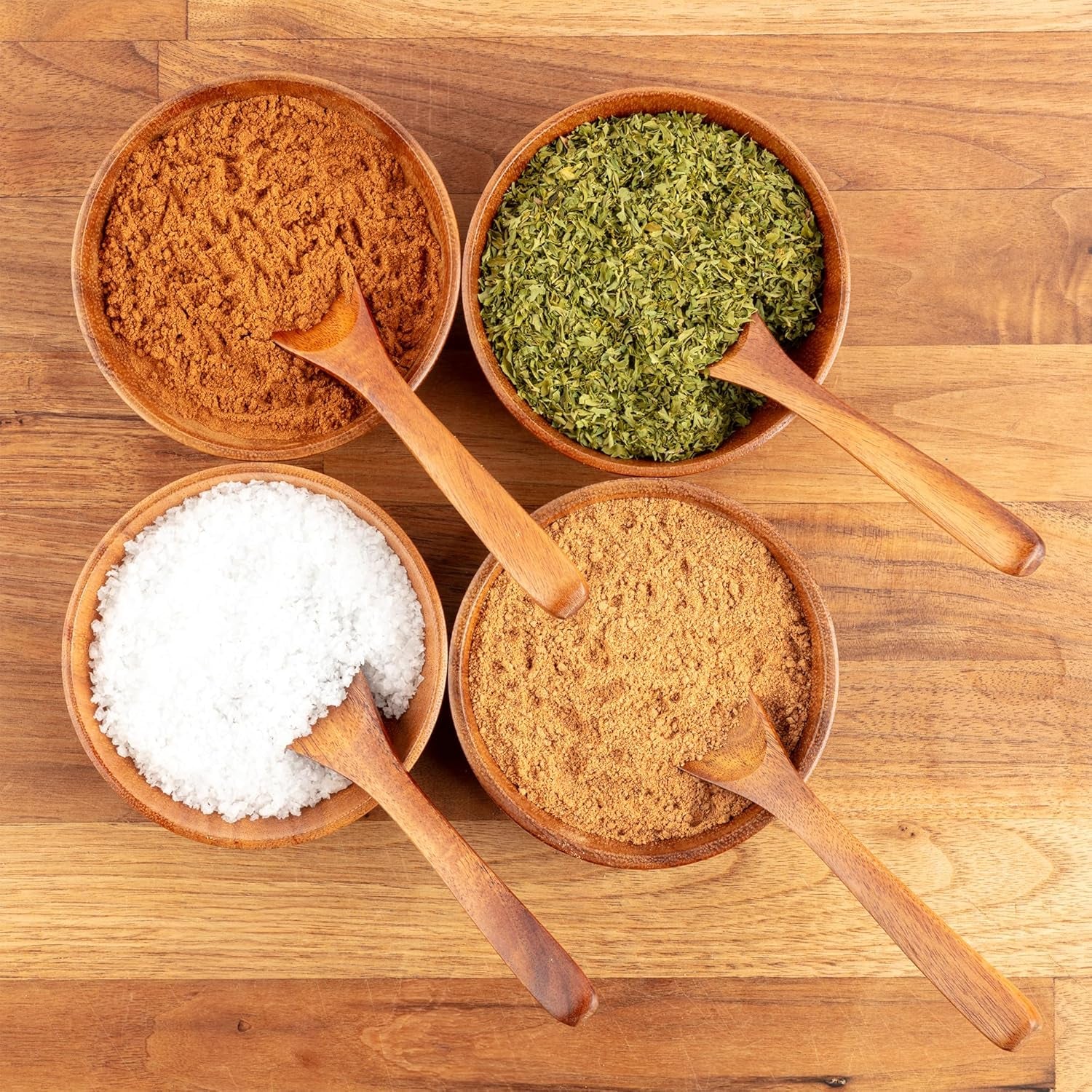 Teak Wood Dipping Bowls with Spoons Set – 8 Piece Wooden Serving Set with 4 Mini Bowls and 4 Small Spoons, Handcrafted Natural Teak Wood, Durable & Smooth Finish