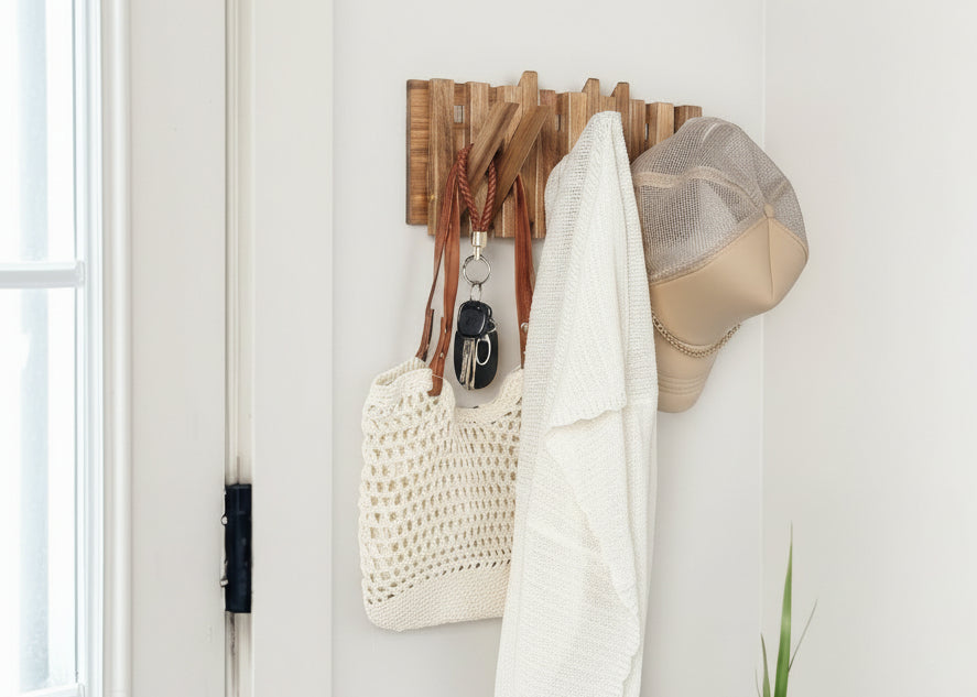 Small Coat Rack for Apartment: 13.2Inch Wood Rustic 8 Hooks Wall Mount Retractable for Narrow Spaces Entryway Bathroom for Hanging Light Items Jacket Towel Dog Leash Bag