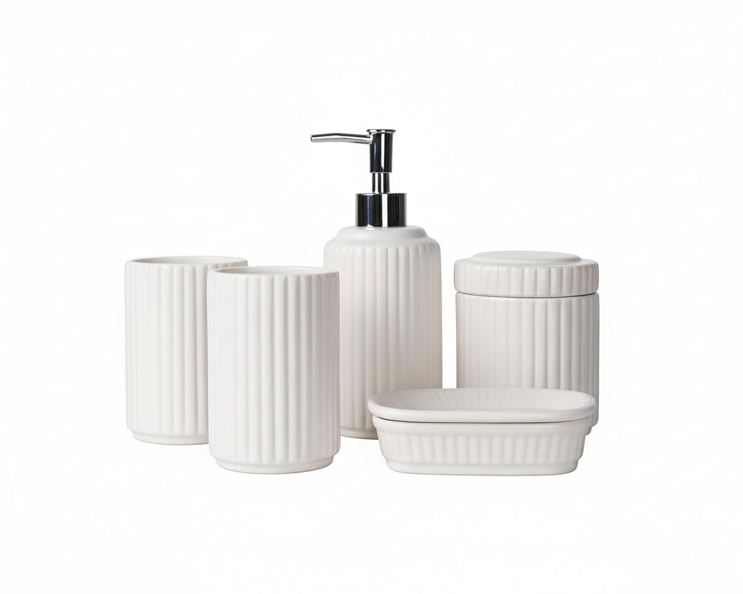 White Bathroom Accessory Set 5PCS, Ceramic Bathroom Accessories Set, Classic Design Bathroom Accessories Sets Complete, Home Apartment Modern Bathroom Decor Vanity Countertop,