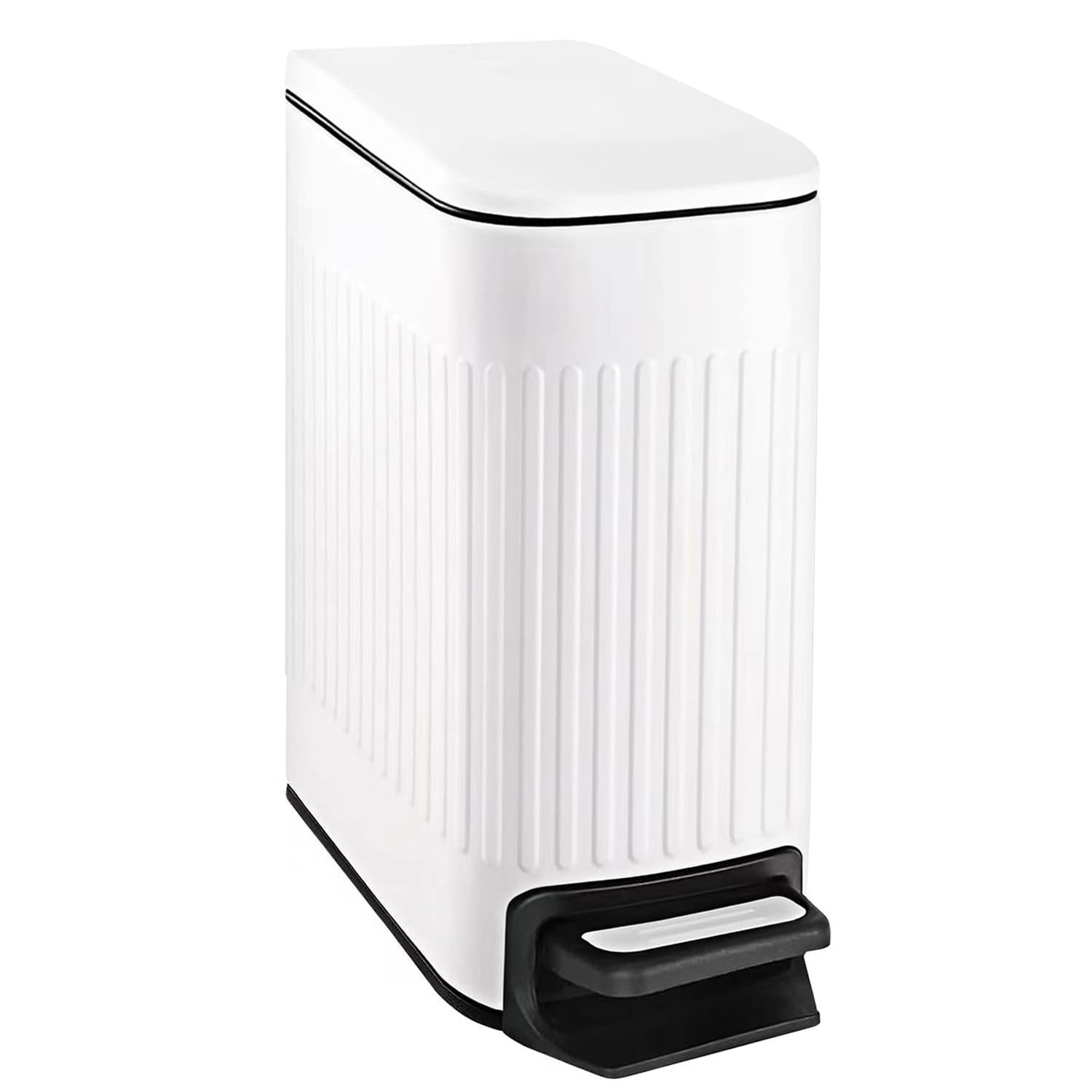 Slim Bathroom Trash Can with Lid Soft Close, Step Pedal, 6 Liter / 1.6 Gallon Stainless Steel Trash Bin, Small Garbage Cans for Bedroom, Office, Kitchen (White)