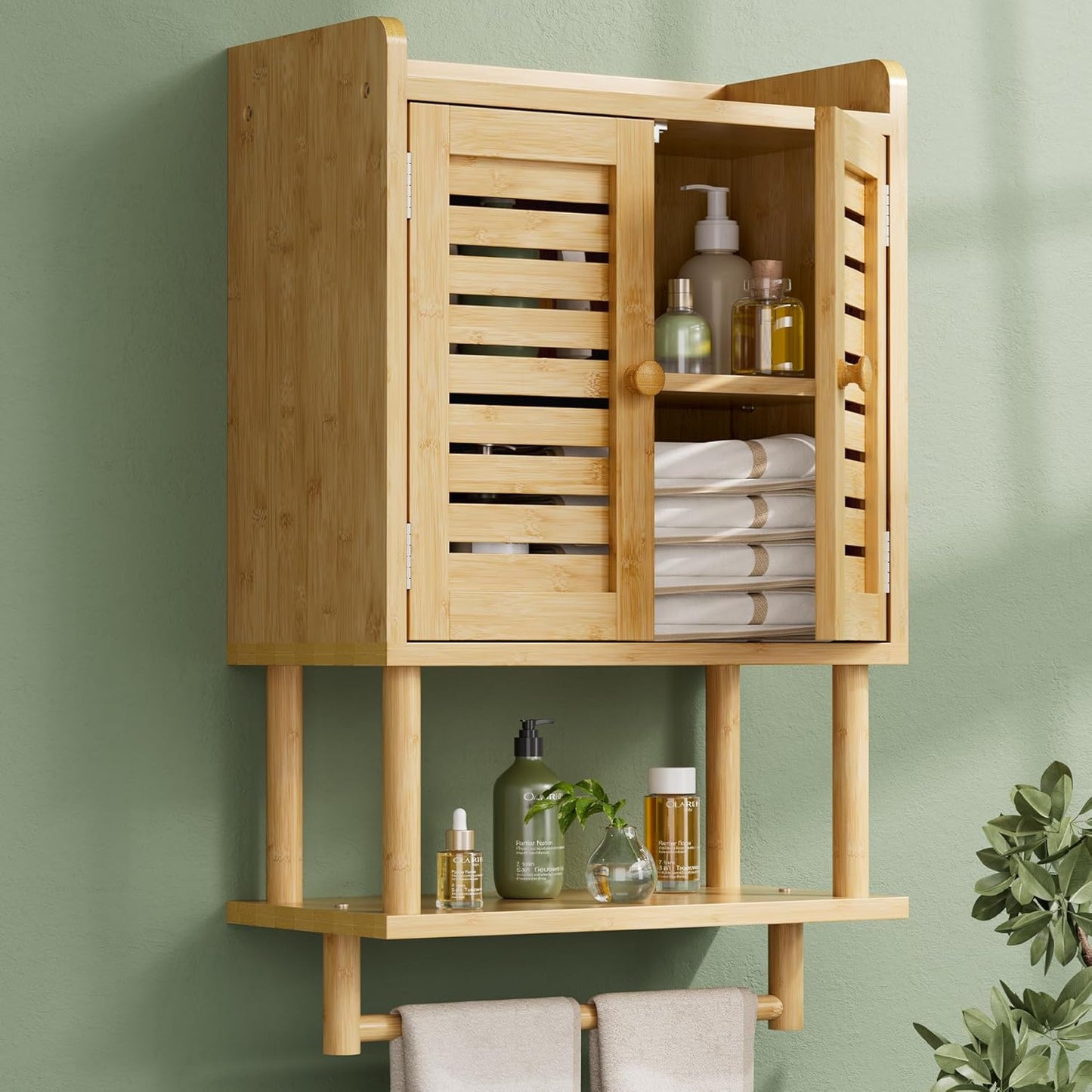 Bathroom Wall Cabinet, Bamboo over the Toilet Storage Cabinet, Hanging Medicine Cabinets with Towel Bar, Wall Mounted Storage Shelf with Adjustable Shelves for Small Spaces
