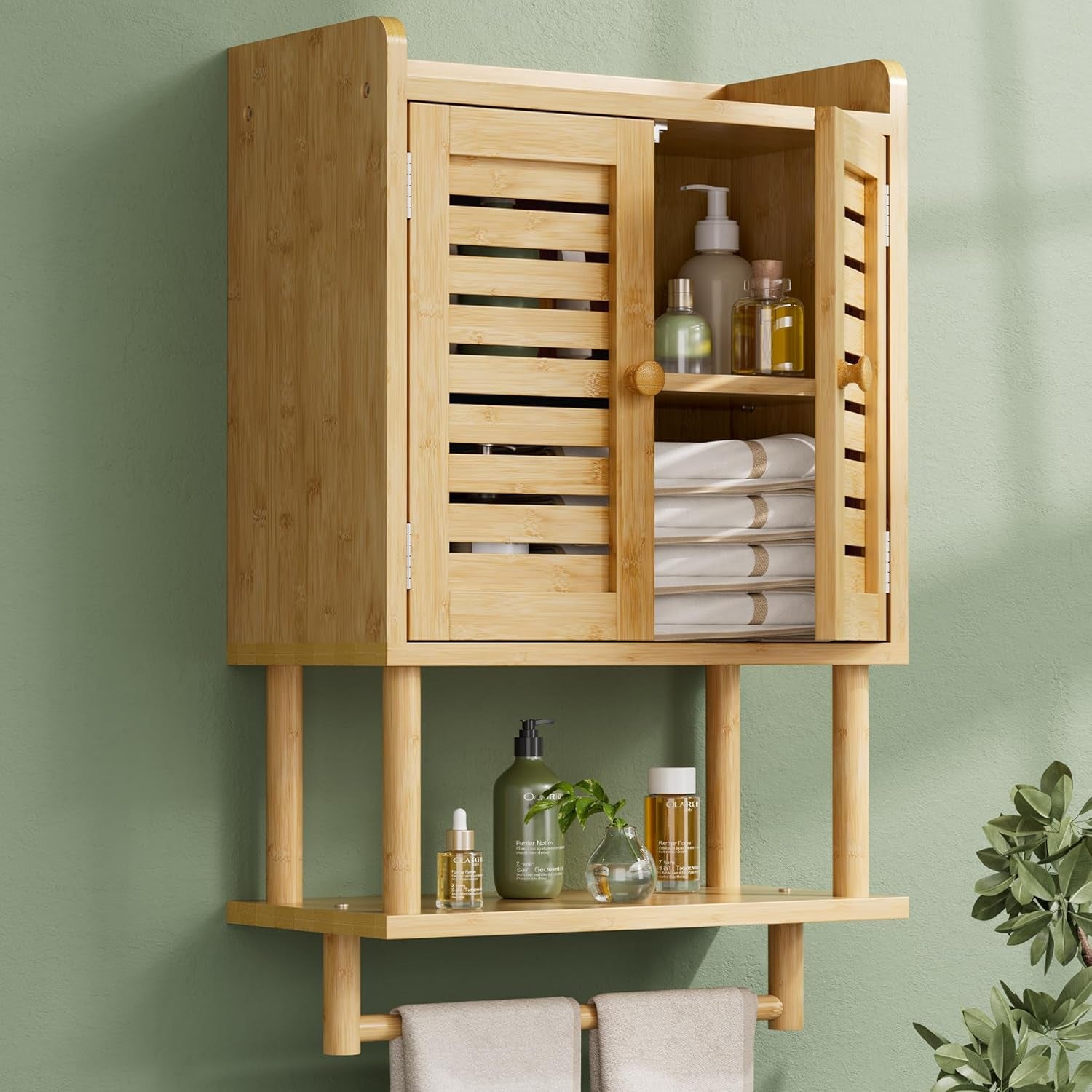 Bathroom Wall Cabinet, Bamboo over the Toilet Storage Cabinet, Hanging Medicine Cabinets with Towel Bar, Wall Mounted Storage Shelf with Adjustable Shelves for Small Spaces