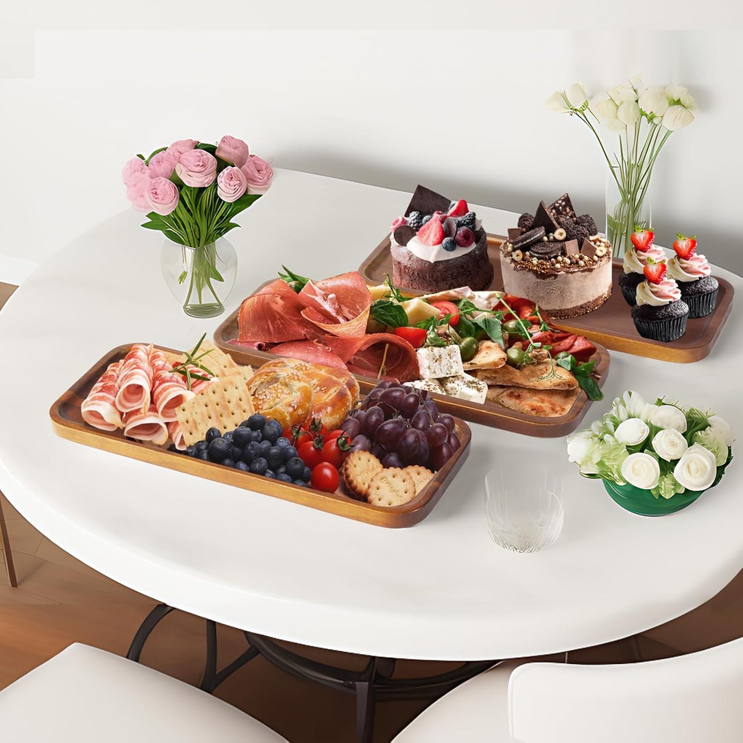 Acacia Wood Serving Platters and Trays - 14" X 5.5" Wooden Mini Charcuterie Boards, Small Cheese Board, Rectangle Wooden Tray for Kitchen Counter, Bathroom, Home Decor, Party (3, 14"X5.5")