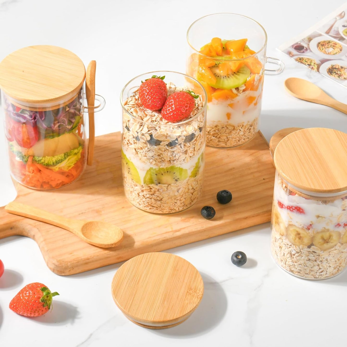 Overnight Oats Containers with Lids,4 Pack 18Oz Overnight Oats Jars with Spoons,Salad Meal Prep Jar with Bamboo Lids for Chia Seed Pudding Salad Cereal Coffee Flour,Sourdough Starter Jar for Bread