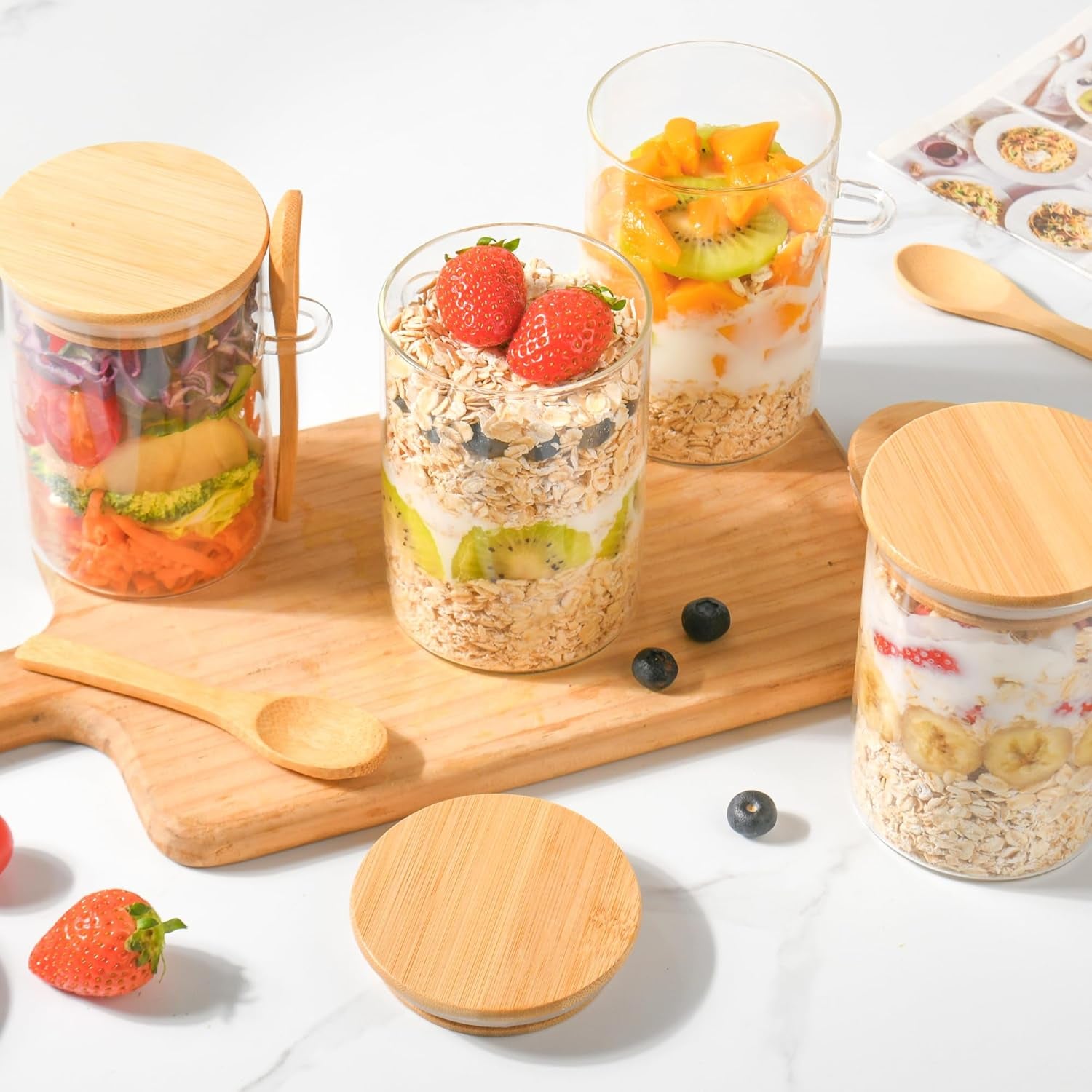 Overnight Oats Containers with Lids,4 Pack 18Oz Overnight Oats Jars with Spoons,Salad Meal Prep Jar with Bamboo Lids for Chia Seed Pudding Salad Cereal Coffee Flour,Sourdough Starter Jar for Bread