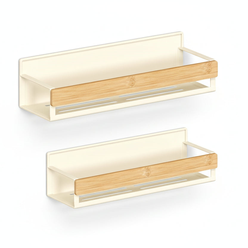 Magnetic Spice Rack for Refrigerator, 4 Pack, 2 Large and 2 Small Kitchen Magnetic Shelves for Washing Machine, Spice Organizers, No Drilling Needed, Cream White and Light Bamboo UKCS062WD01