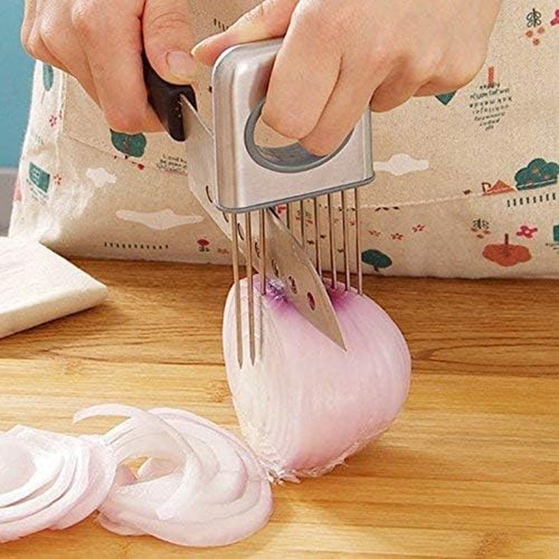 Stainless Steel Onion Cut Holder Slicer with 10 Even Prong Easy Hold Vegetable to Cut Tomato Lemon Potatoes and Loosen Meat Kitchen Tools(Silver)