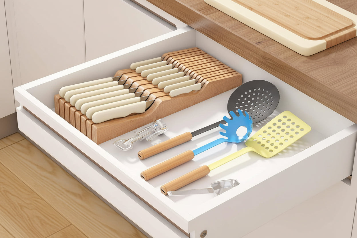 In-Drawer Knife Block Organizer - Bamboo Wood Drawer Knife Organizer-Protecting Knife Organizer Block (Not Included) (Natural, 15 Knives Dock)