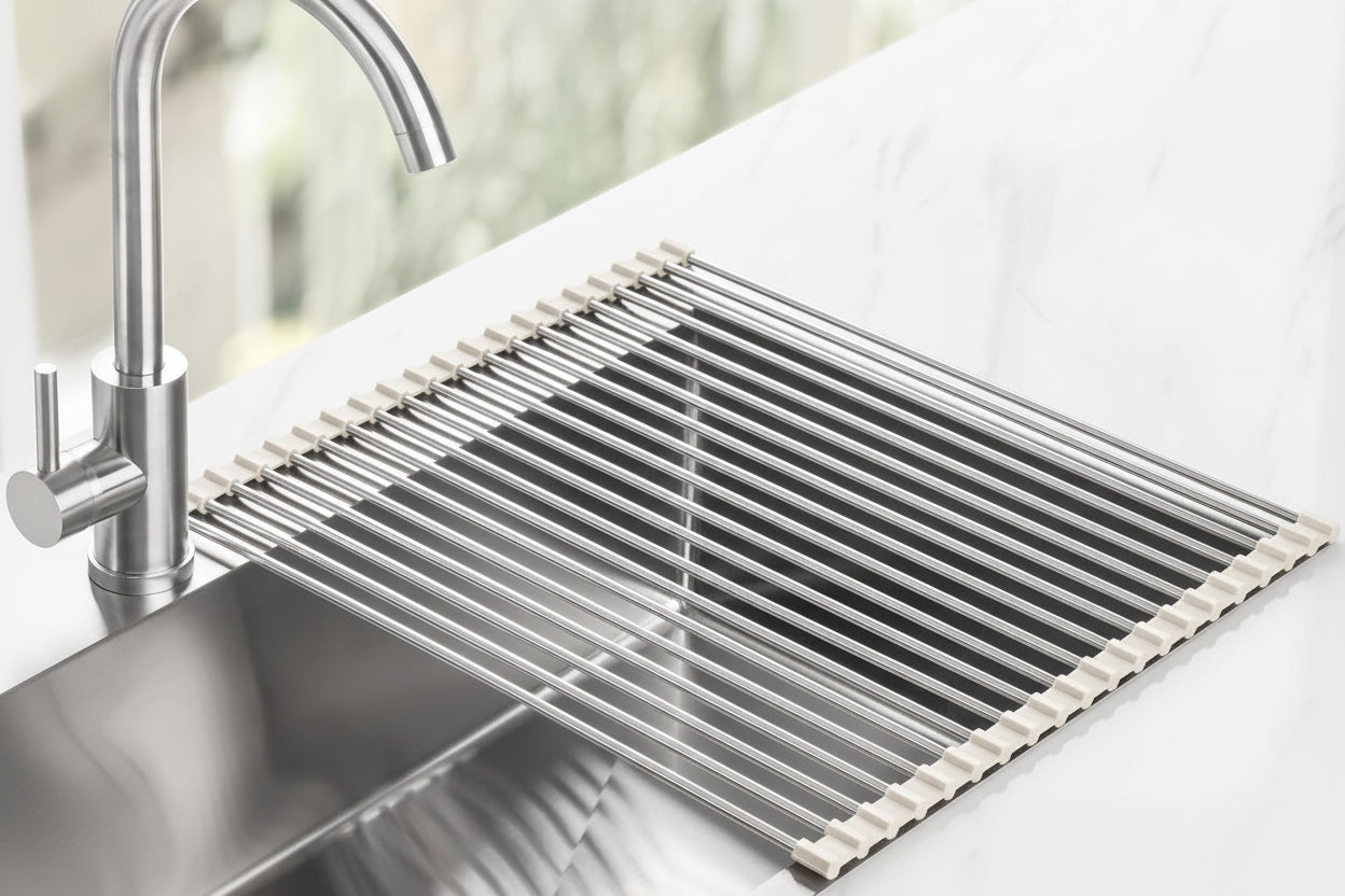 17.7" X 15.5" Roll up Dish Drying Rack over Sink Drying Rack Sink Cover Kitchen Sink Accessories Gadget Multipurpose Organizer Foldable Stainless Steel Drainer
